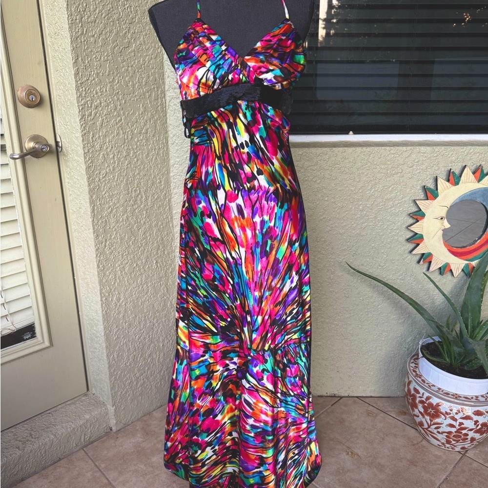 B Darlin Pink and Blue Ruched Open Back Gown
